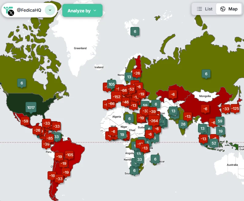 Fedica follower growth map showing follower gains and losses by city