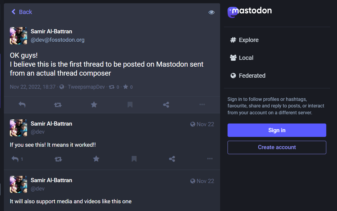 Mastodon thread on Fosstodon dated November 22, 2022, sent from Fedica's thread composer, with the first post announcing it as the first thread from a thread composer
