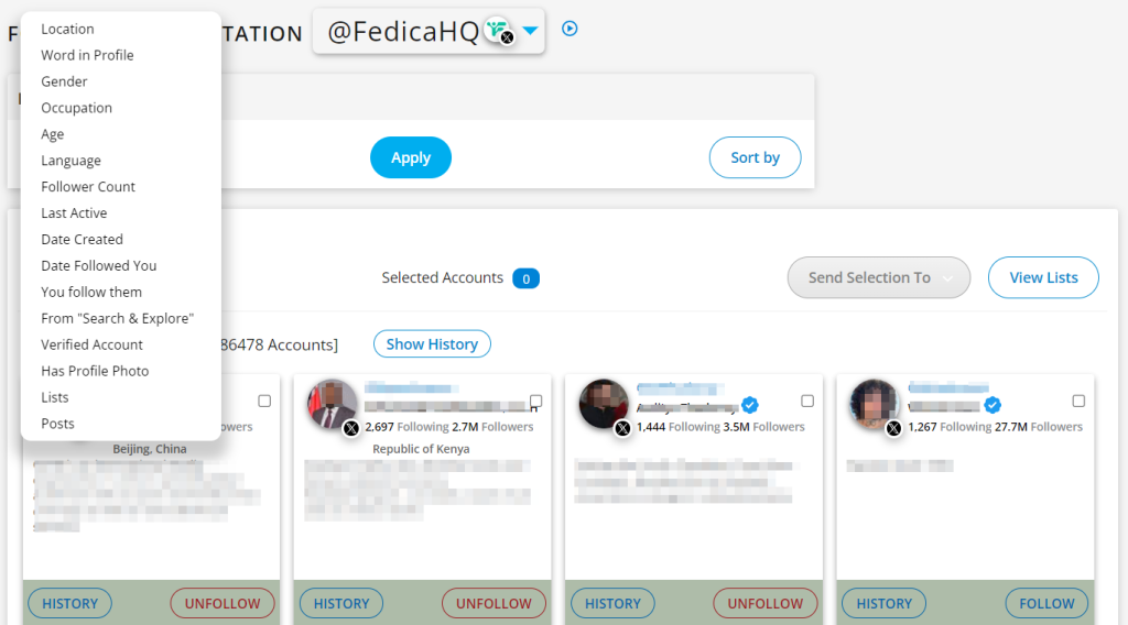 Search in Twitter Followers by applying filters in Sort Followers tool in Fedica.