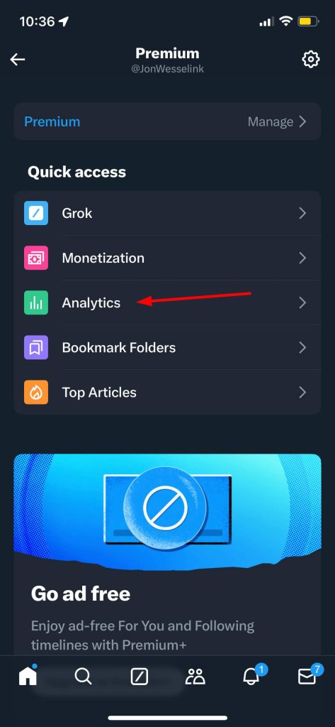 Check Twitter analytics on mobile view. Next step is tap premium.