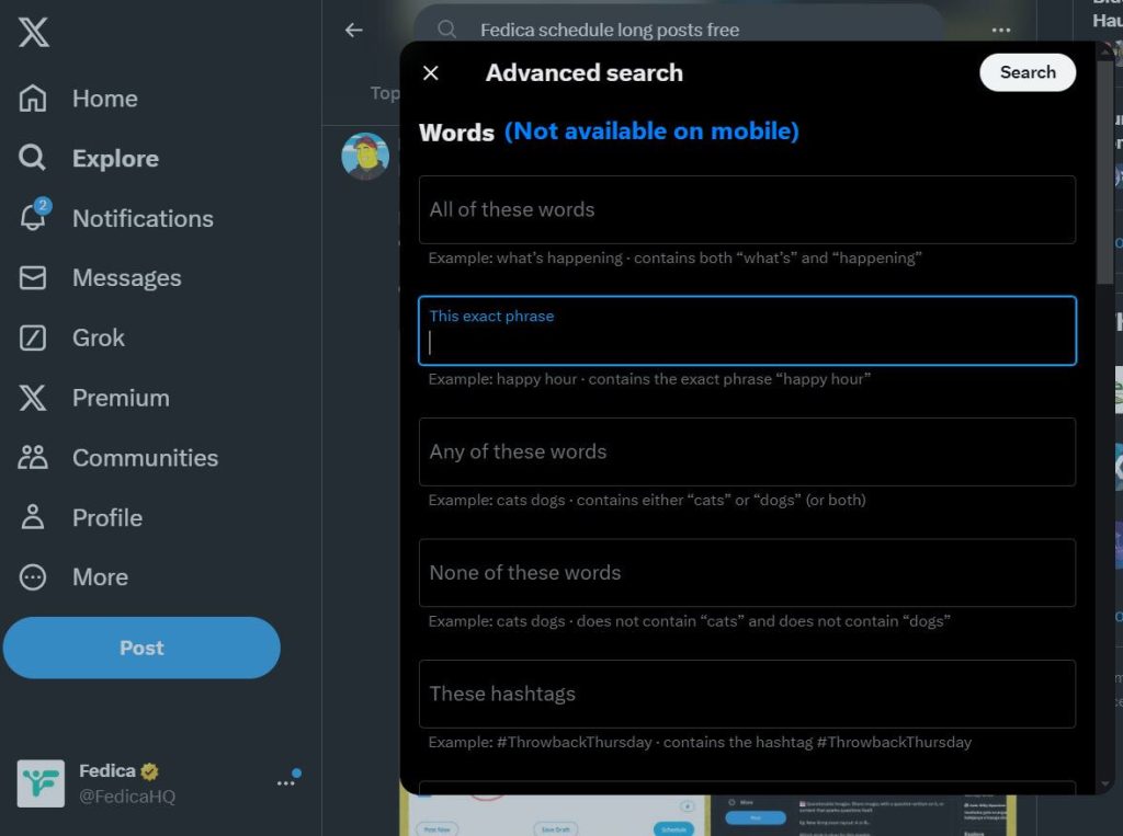 X advanced search on mobile. The menu does not show up on mobile but you can still do the boolean searches on mobile using the search tricks.