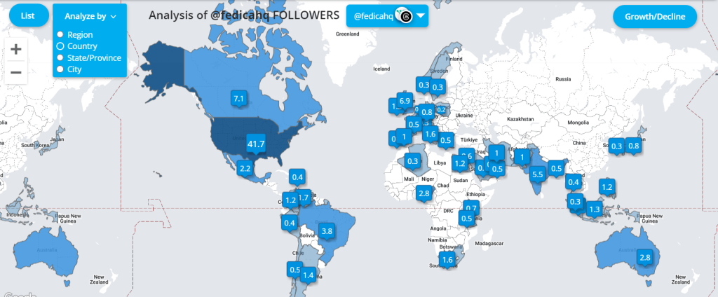 threads analytics showing map of followers, followers plotted on a global map