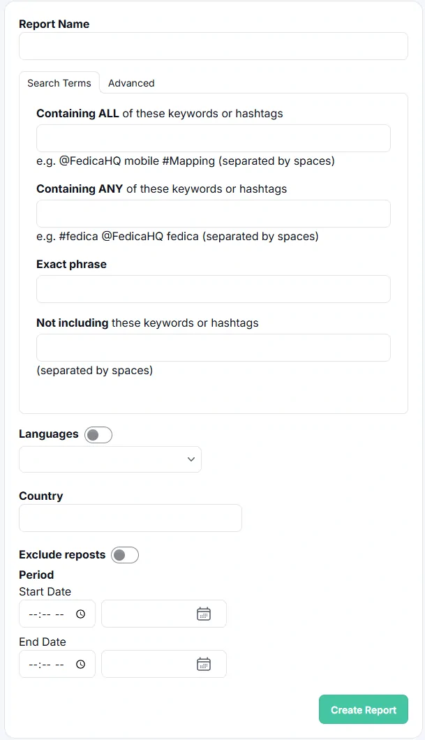 Fedica Twitter hashtag report search form with Containing ALL, Containing ANY, Exact phrase and Not including boxes, plus language, country, exclude reposts and date range filters
