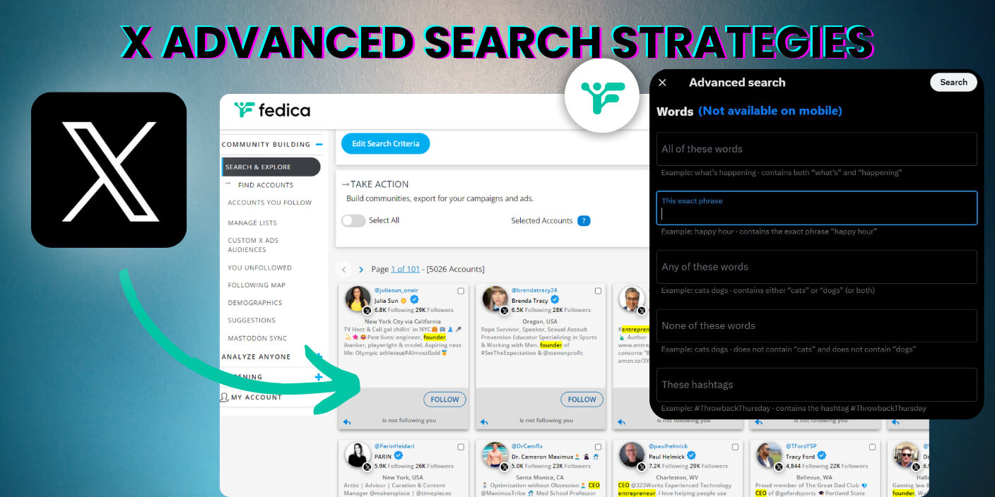 x advanced search with Fedica's search that filters all of X for whatever criteria!