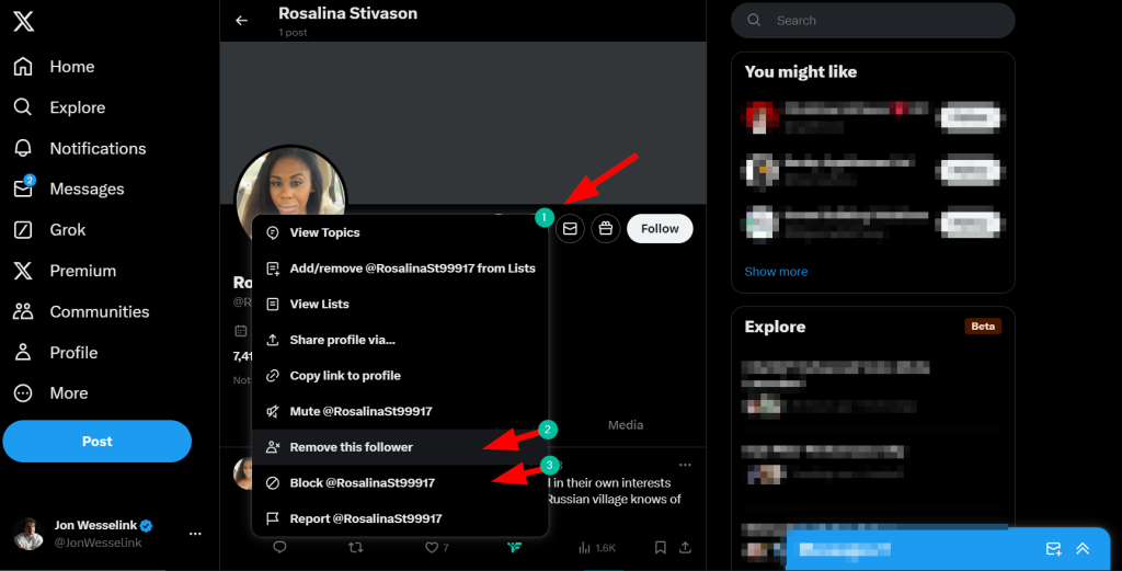 Removing inactive Twitter accounts is easy, just click the menu and 'remove this follower'