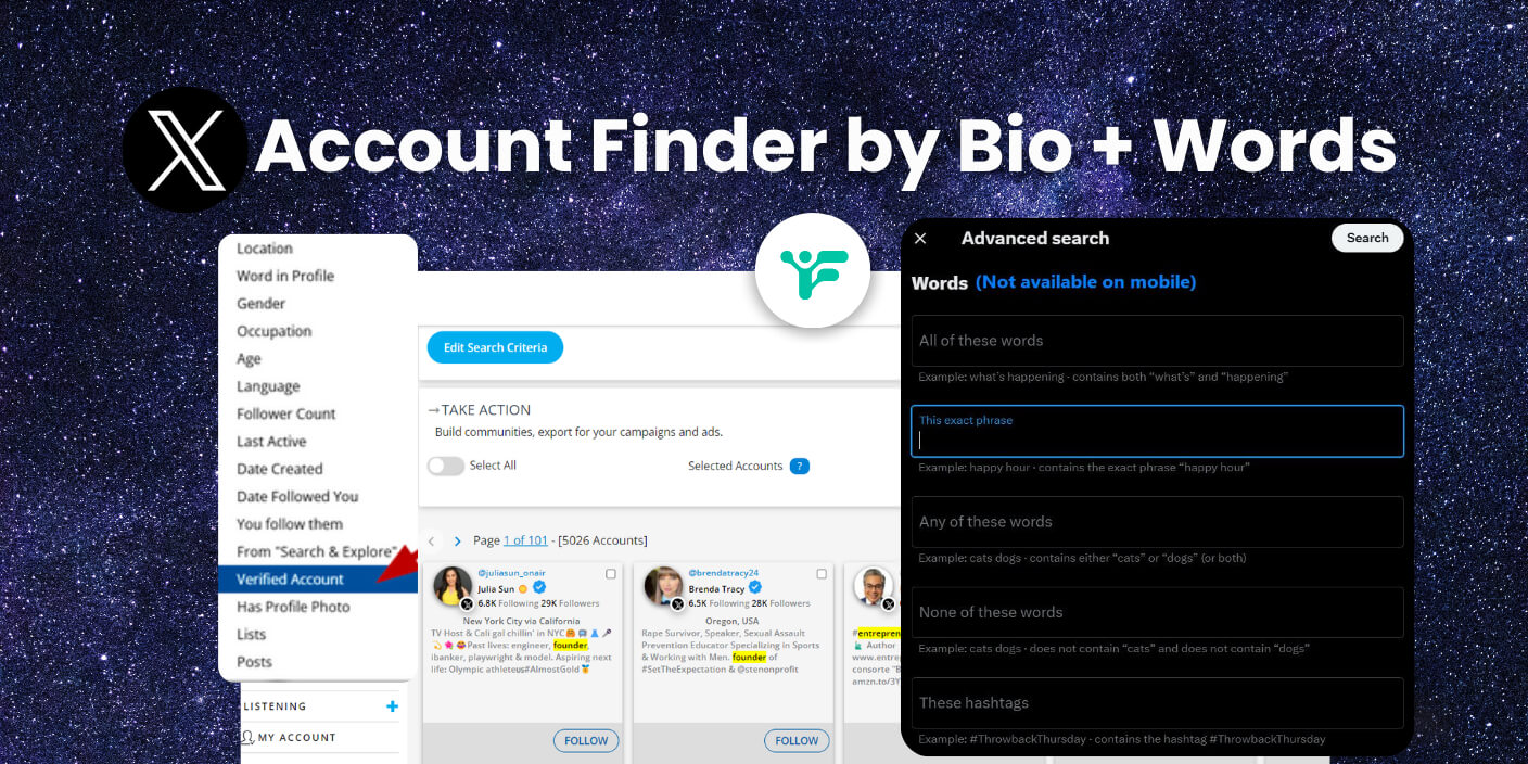 twitter account finder by bio words, words posted, activity, follower count and more