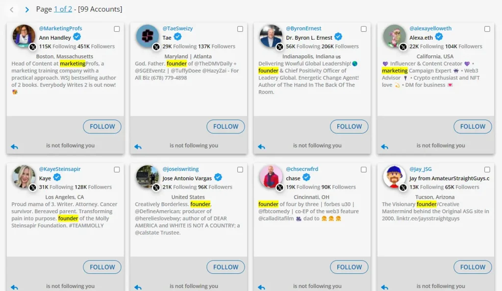 finding inactive Twitter accounts is easy when using Find Accounts tool called Search & Explore in Fedica. Just find anyone on X, any inactive accounts following or followed by a specific account. 