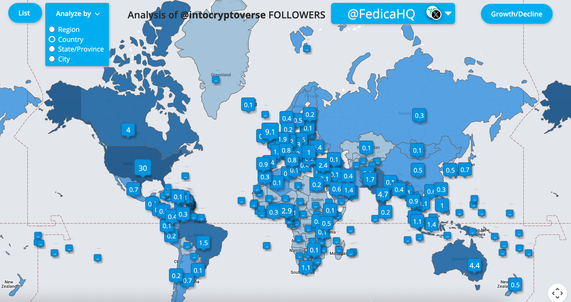 Social Media Competitor Analysis revealing where all the followers live across the world