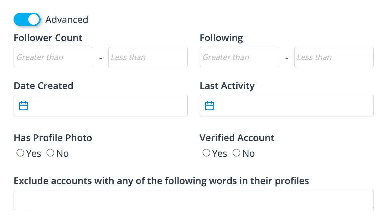 Advanced Twitter Search showing follower account activity if it's verified and keywords to exclude as well