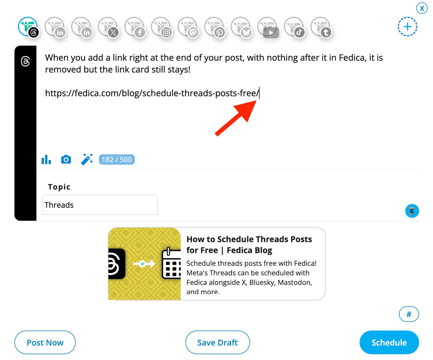 Fedica's scheduler showing how you can post links with link cards and remove the link and also remove the hashtag topic word by posting it to a topic without using the topic word in the scheduled post text