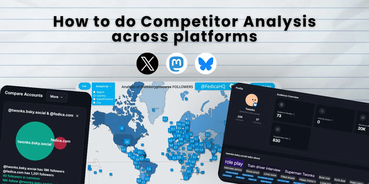Social media competitor analysis showing tools like account analysis compare followers and map followers across the world