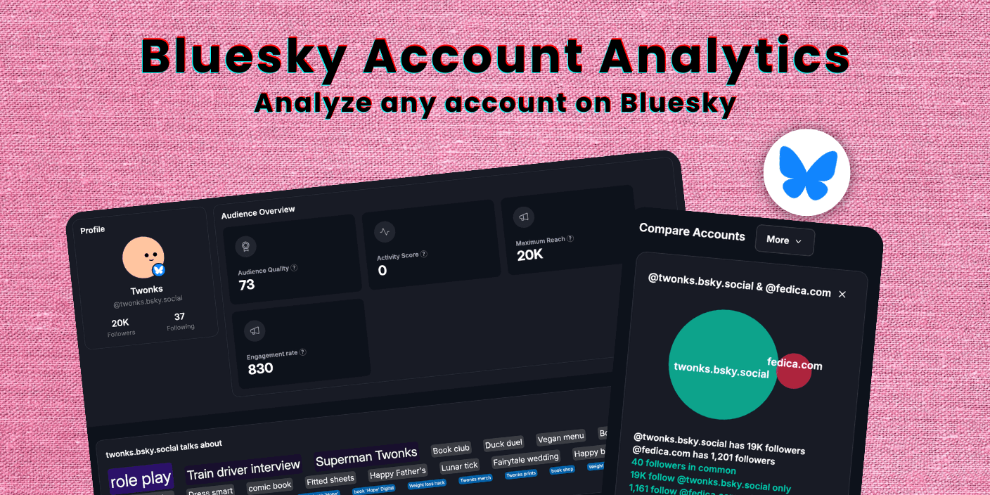 Bluesky Account Analysis showing compare follower counts and best posted topics and full account timeline and more