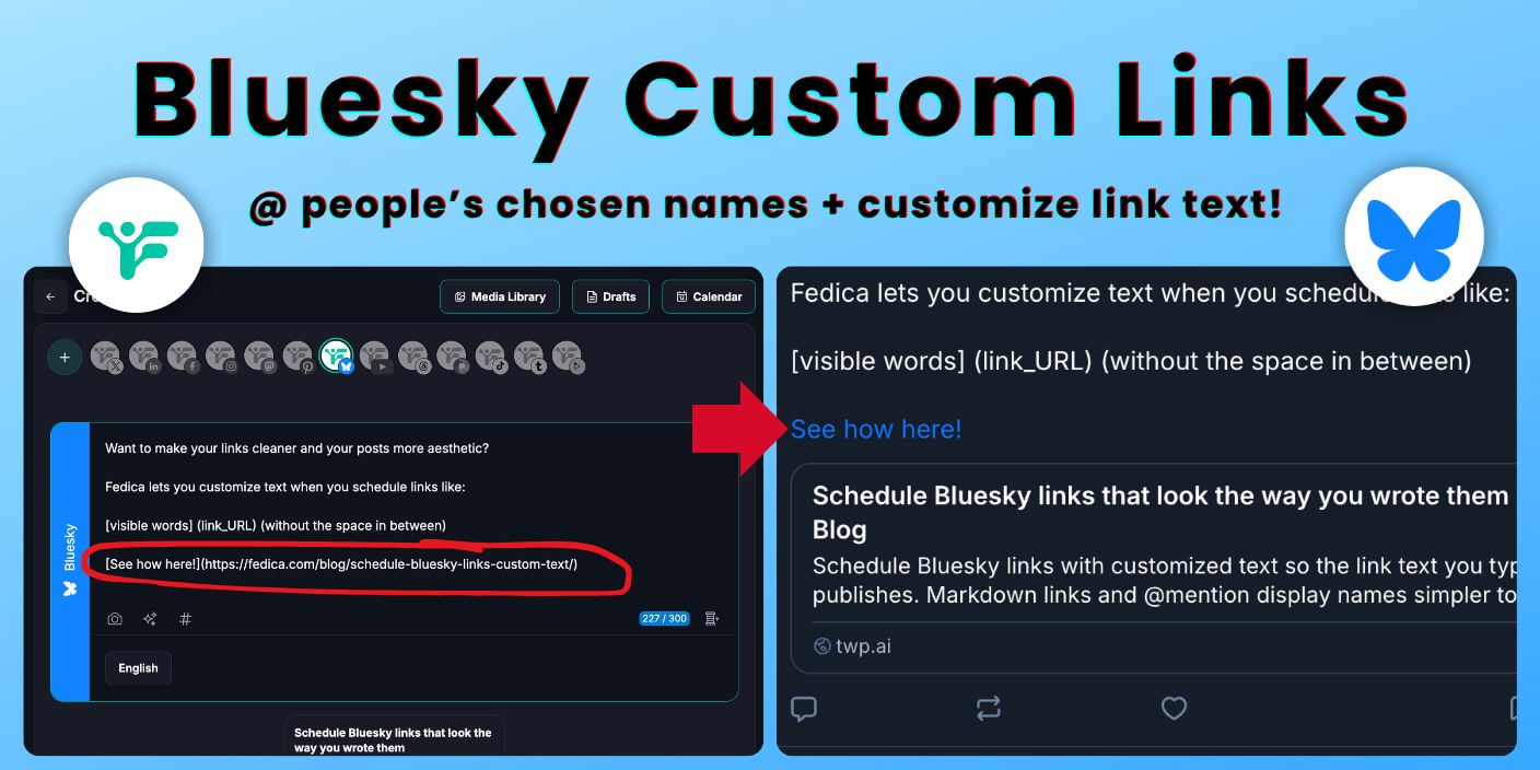 Bluesky custom links markdown scheduling feature