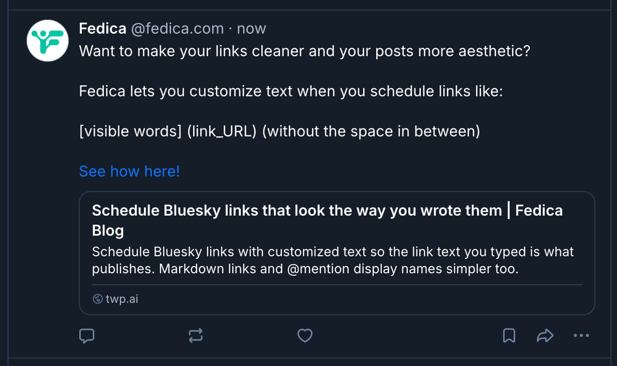 Bluesky post showing the markdown link used the custom text