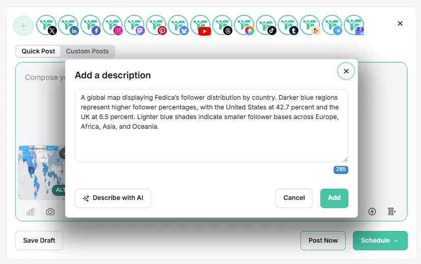 A screenshot of Fedica's composer when click on the alt-text button A "Describe with AI" button is shown