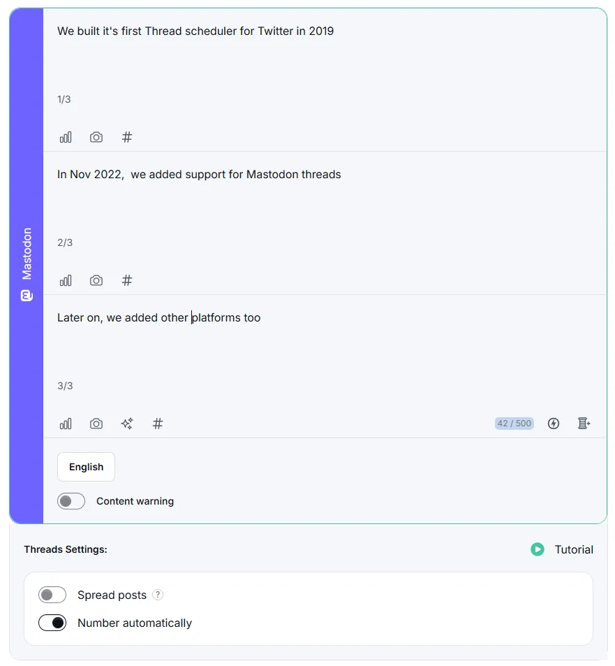 Fedica composer with a three-post Mastodon thread and automatic numbering turned on
