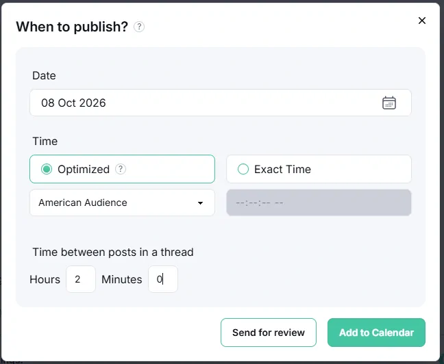 Fedica's Spread posts settings for a Mastodon thread, set to publish each post two hours apart