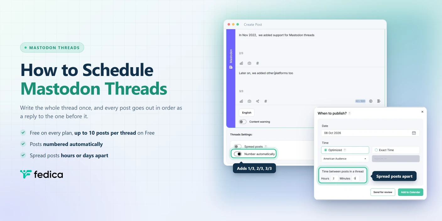 How to Schedule Mastodon Threads: Fedica composer with a numbered three-post Mastodon thread and the When to publish dialog set to two hours between posts