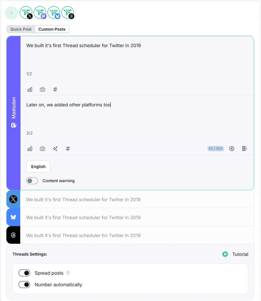 The same thread to be published on Mastodon, Bluesky, X and Threads
