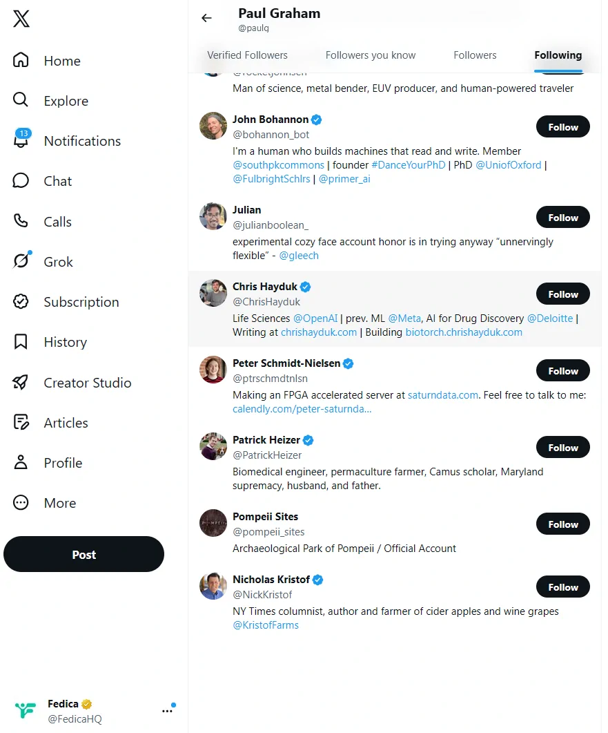 The end of Paul Graham's Following tab on X: the list stops loading after 69 of the 806 accounts he follows