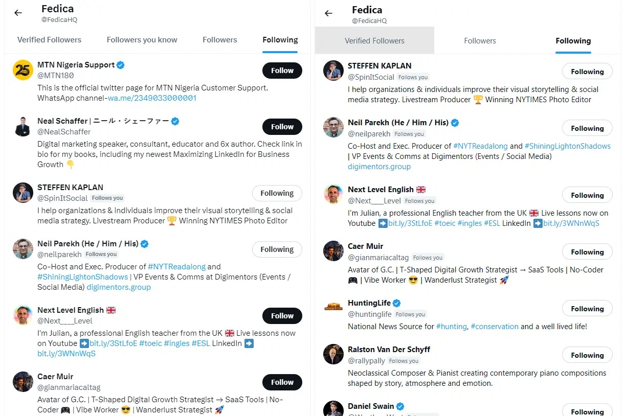 The same Fedica Following list on X seen by two different accounts, each starting with different accounts