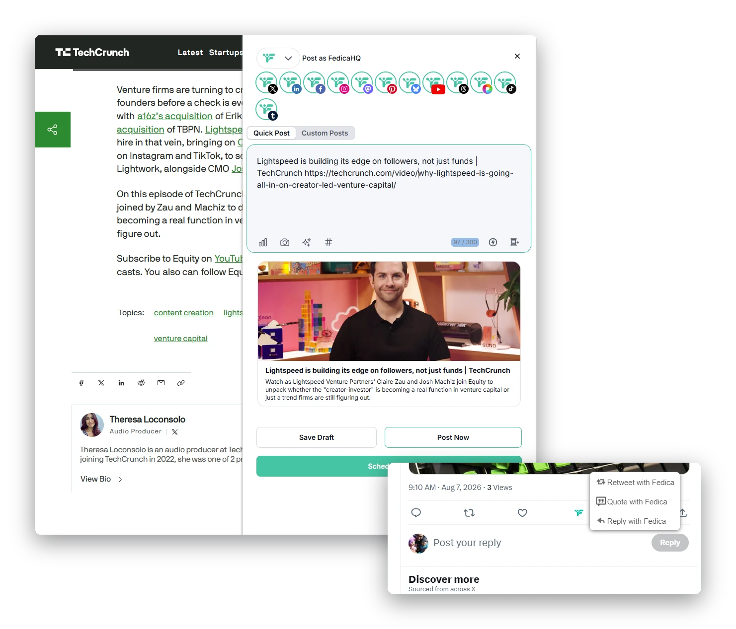 Fedica browser extension button for scheduling a post directly from a web page