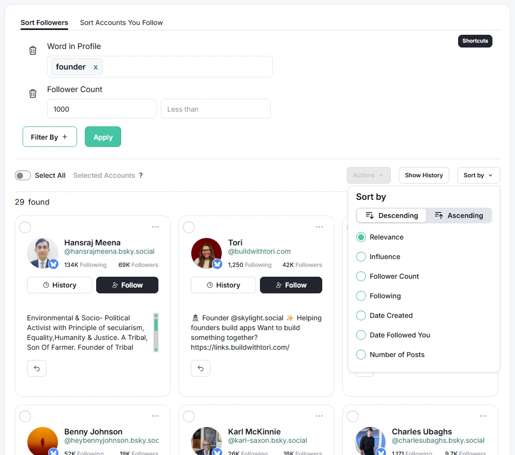 Fedica Sort Followers report showing followers grouped by stacked criteria