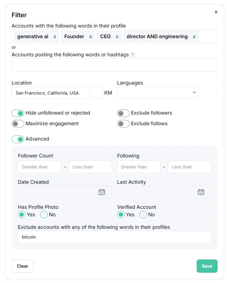 Fedica Twitter account search filters: bio keywords generative ai, Founder, CEO, and director AND engineering, location San Francisco, verified accounts only, bitcoin excluded