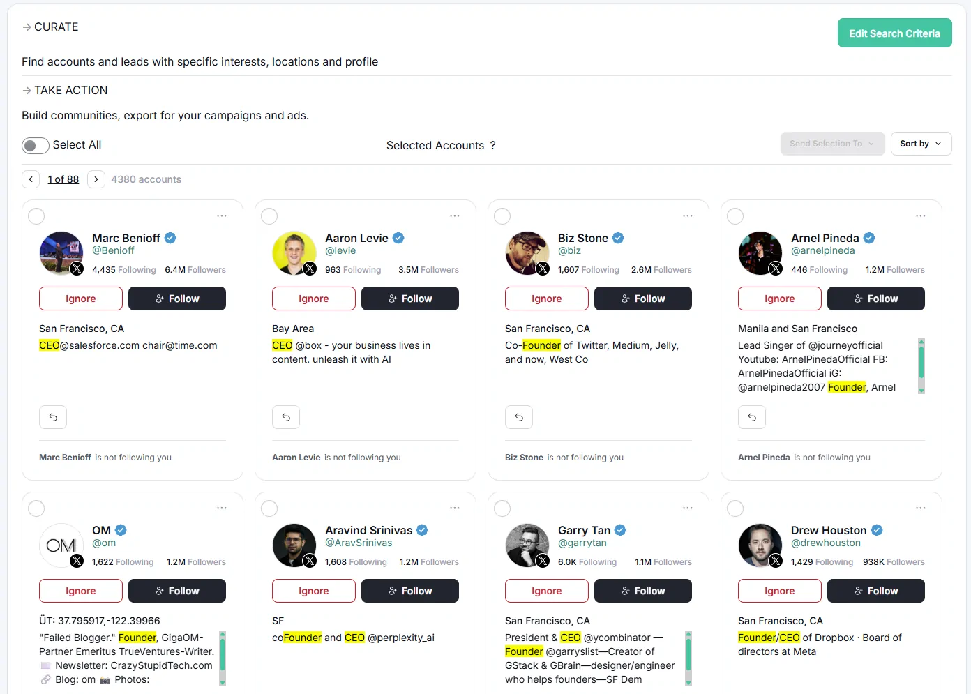 Twitter account search results in Fedica: 4,380 matching accounts with Founder and CEO highlighted in each bio