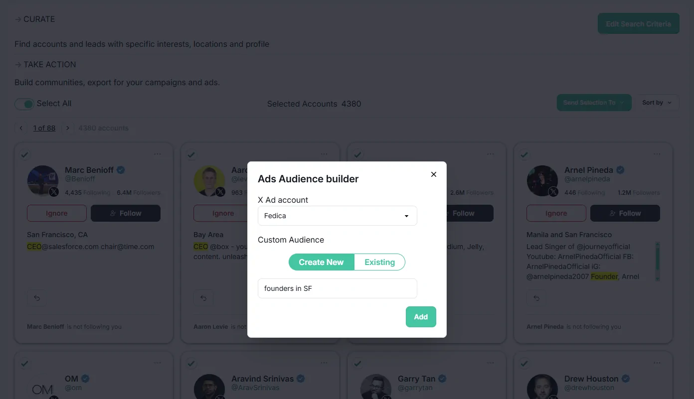 Fedica Ads Audience builder adding 4,380 selected Twitter accounts to a new X custom audience named founders in SF