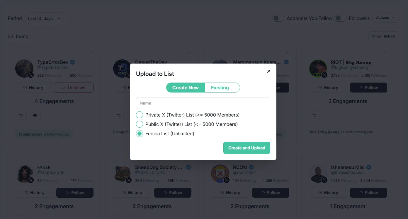 Upload to List dialog in Fedica Top Interactors, with options for a private or public Twitter list of up to 5,000 members or an unlimited Fedica list