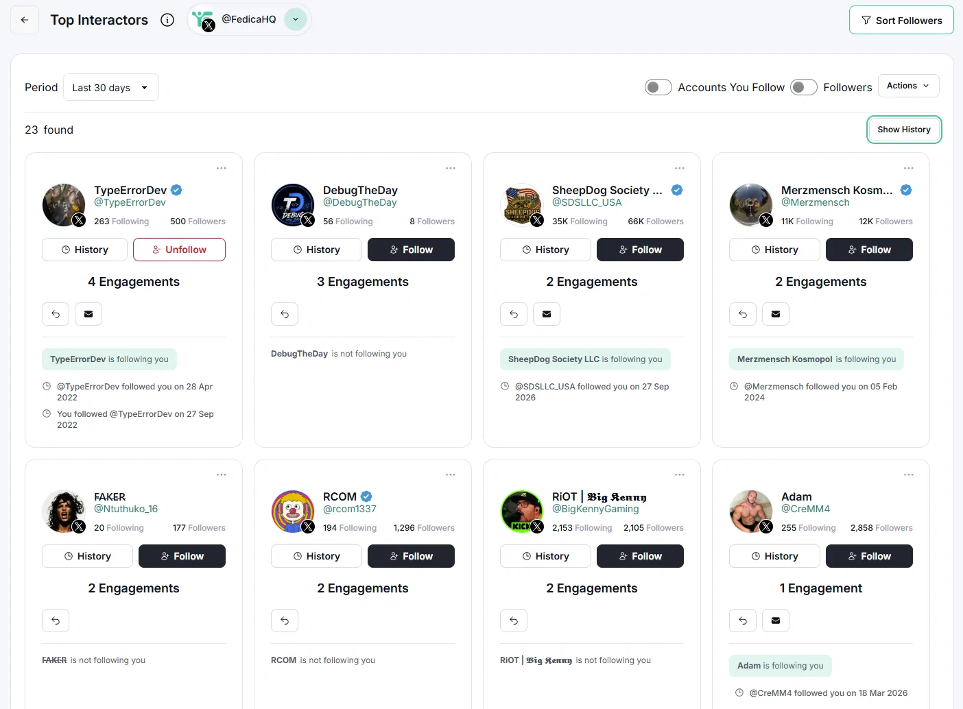 Fedica Top Interactors for @FedicaHQ with Show History turned on: each card adds the date the account followed you, and the date you followed it back
