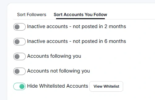 Fedica Sort Accounts You Follow toggles: inactive accounts not posted in 2 months or 6 months, accounts following you, accounts not following you, and Hide Whitelisted Accounts