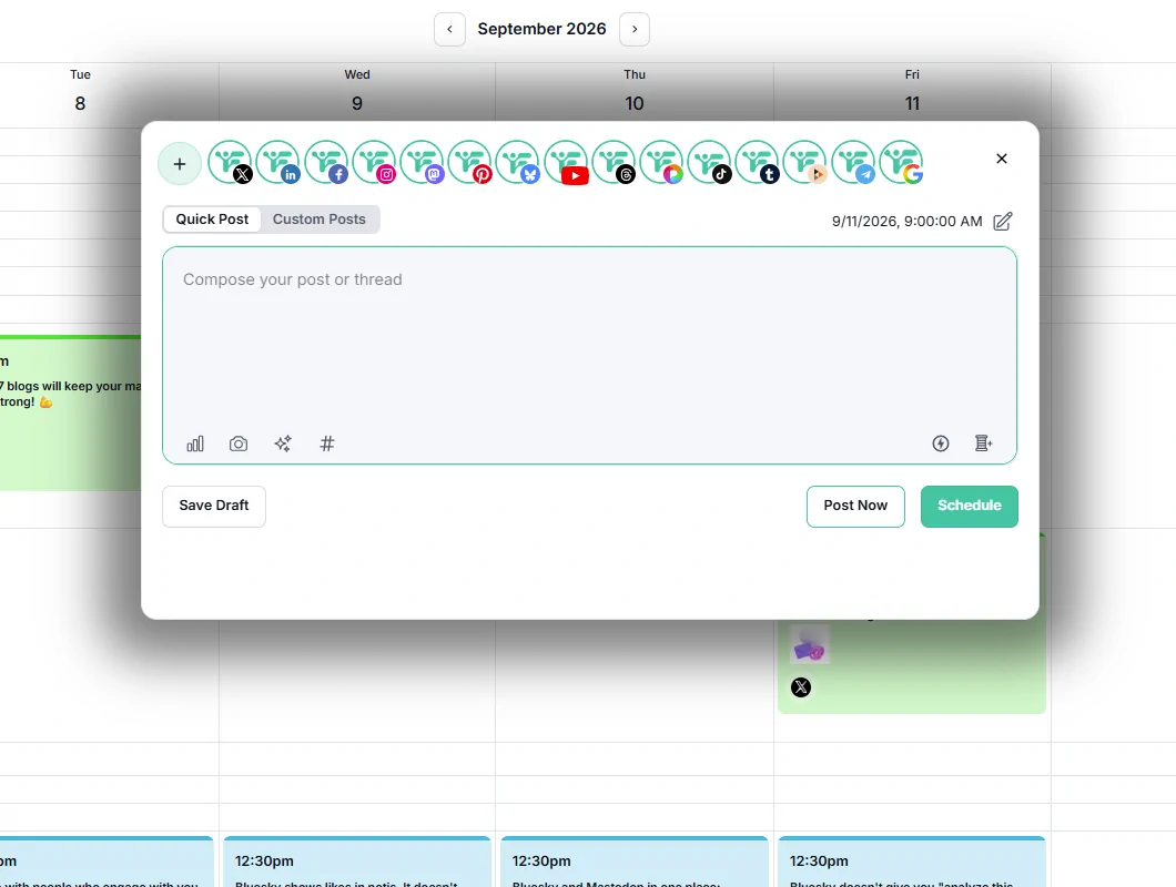 Fedica calendar scheduling a Google Business Profile update along with other social media platforms