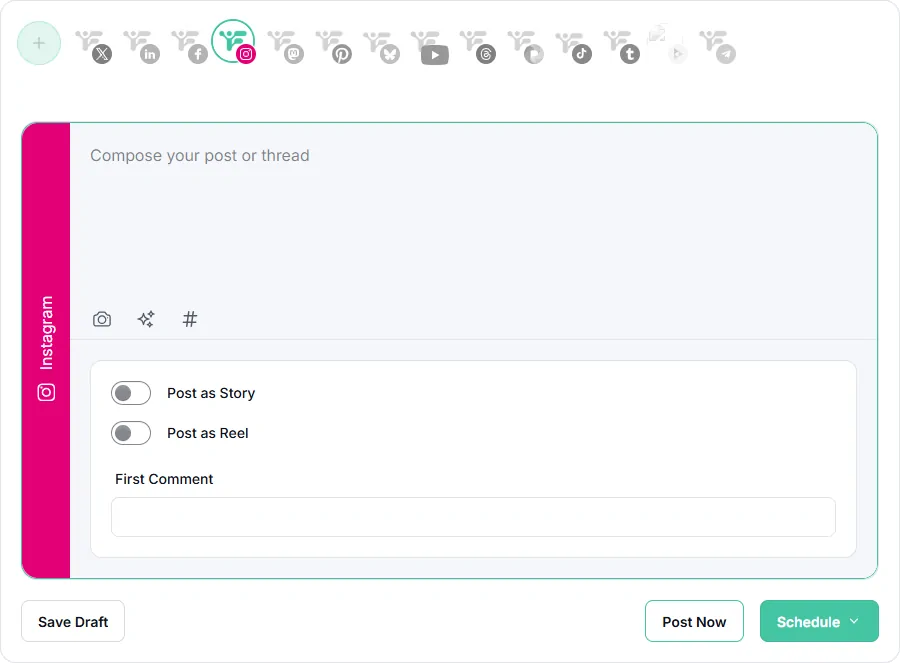 Fedica's AI-powered publisher interface for writing and scheduling Instagram posts