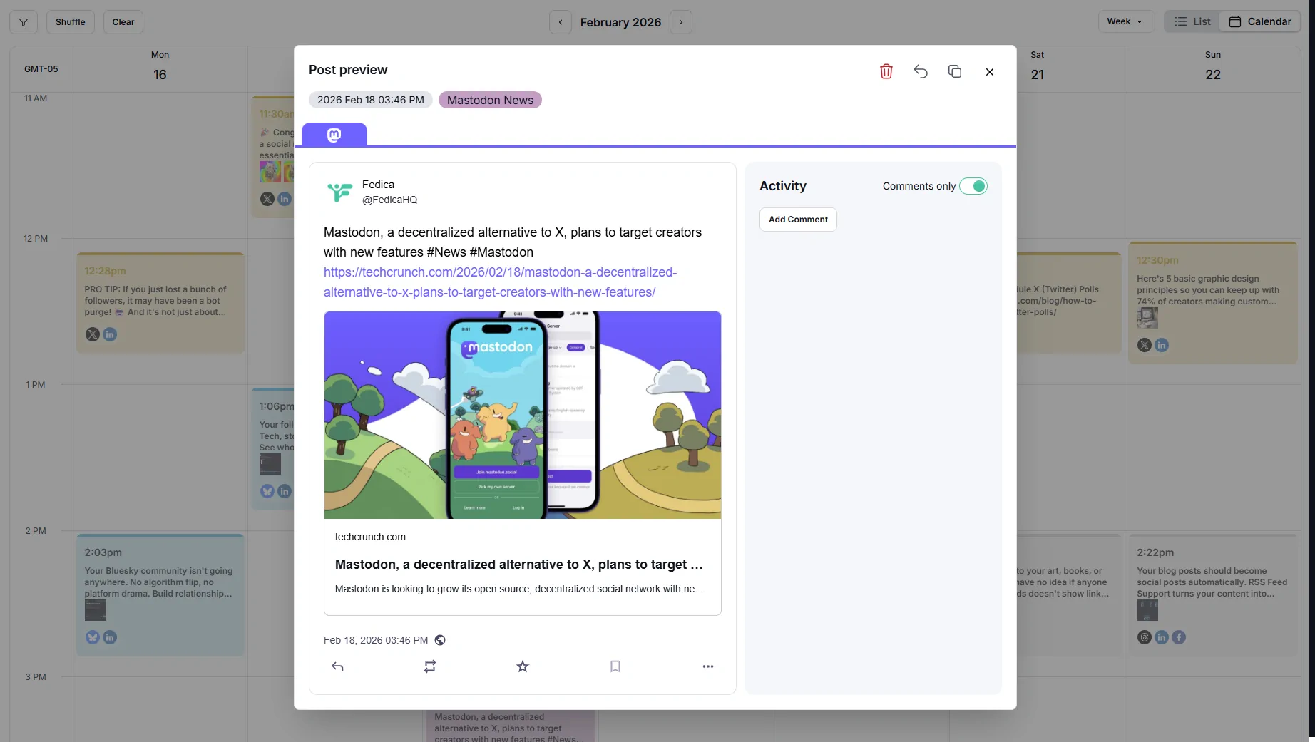Fedica content calendar showing scheduled Mastodon posts alongside other platforms