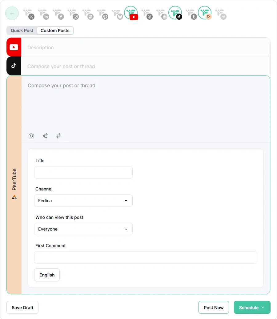 Fedica's PeerTube scheduler interface showing queued videos and calendar controls