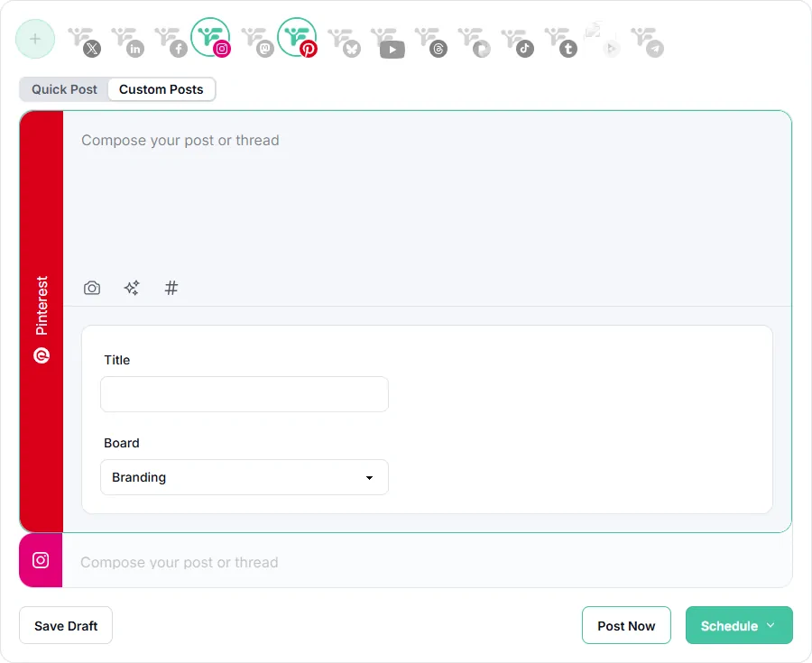 Fedica's Pinterest scheduler showing pins organized in a content calendar alongside other connected platforms