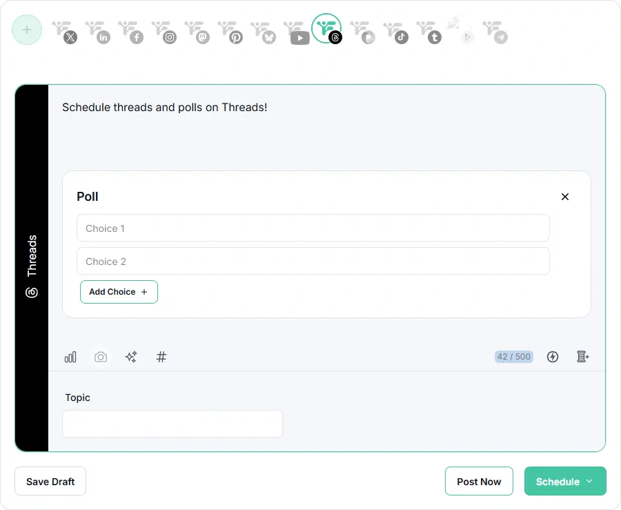 Fedica's thread scheduler interface for writing and scheduling Threads posts