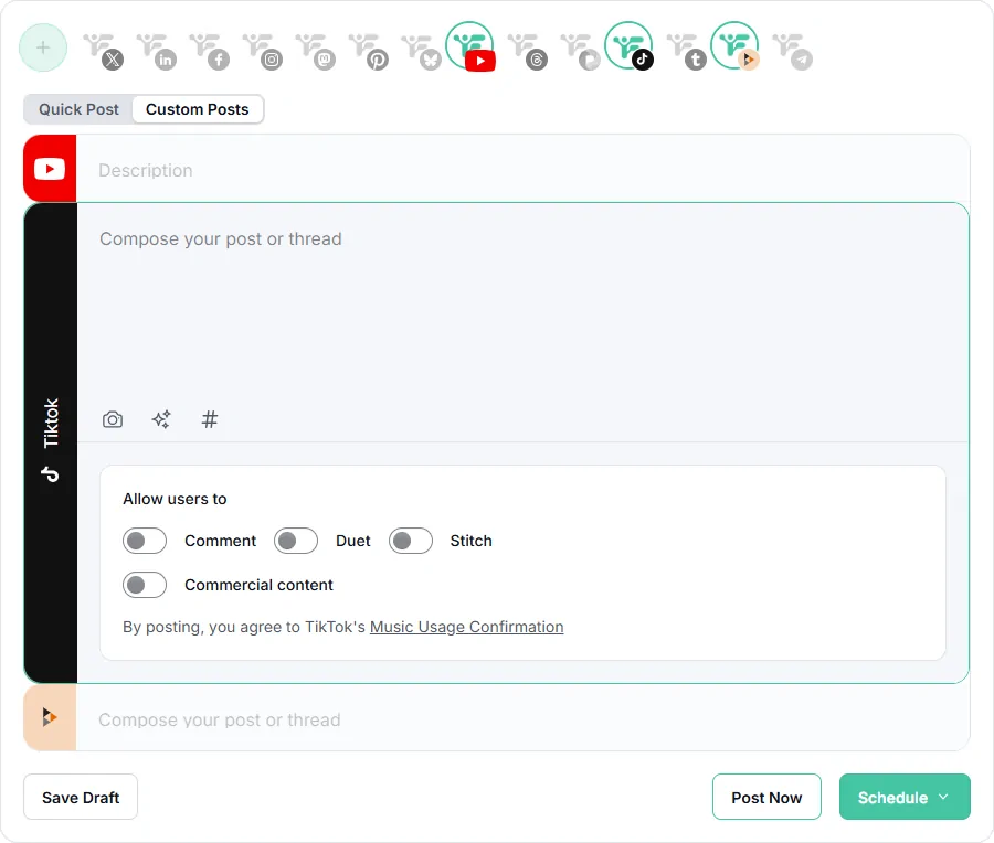 Fedica's TikTok publisher interface for tagging and customizing cross-platform posts